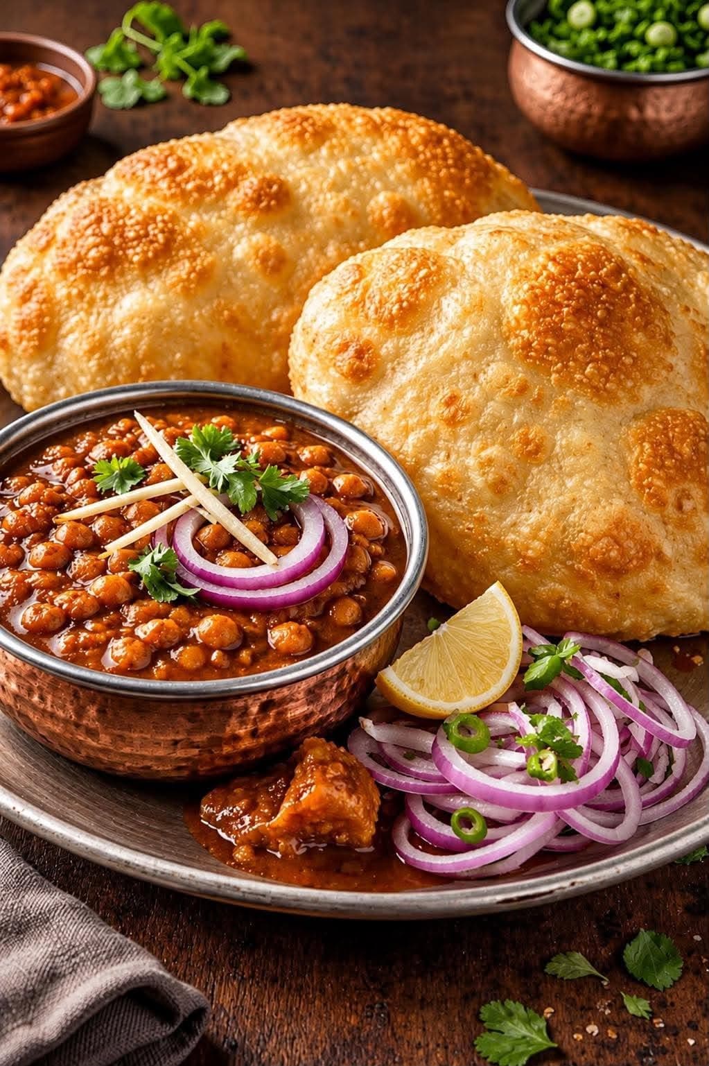 Chole Bhature — White chickpeas in masala gravy, served with fluffy deep-fried bature bread.