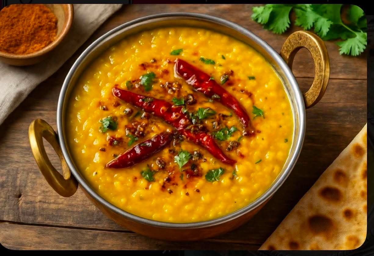 Dal Tadka — Yellow lentils tempered with onion, red chilli, cumin seeds, and garlic.