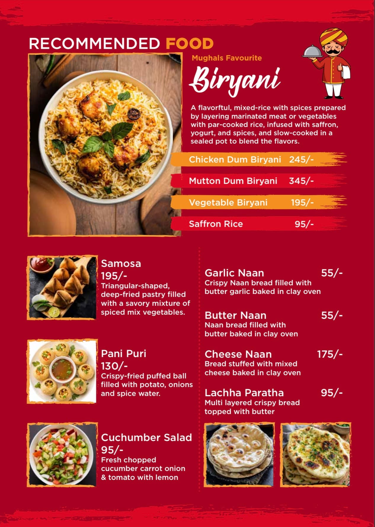 Menu page 1: Recommended food — Biryani, Samosa, Pani Puri, Naan and breads