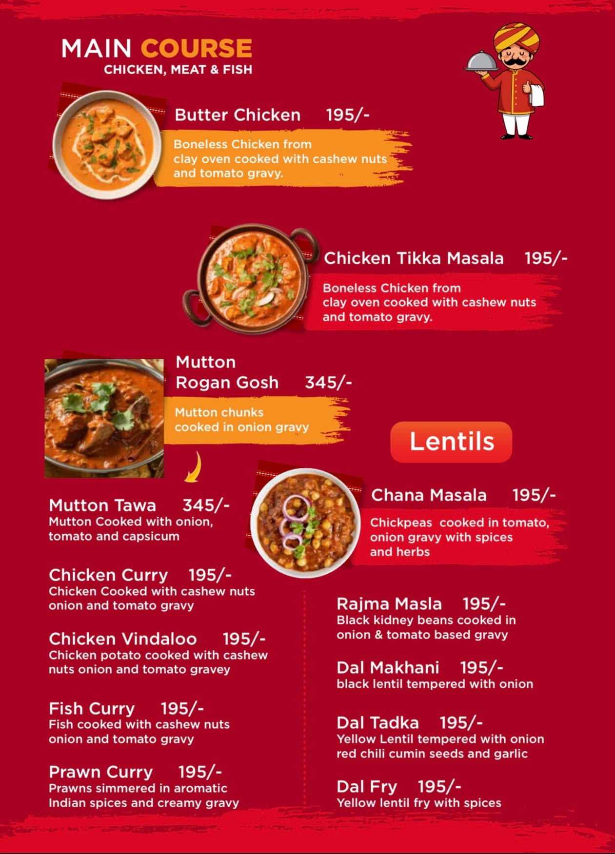 Menu page 2: Main course — chicken, meat, fish and lentils