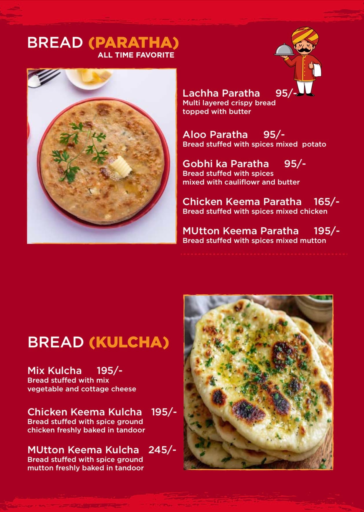 Menu page 5: Bread — paratha and kulcha