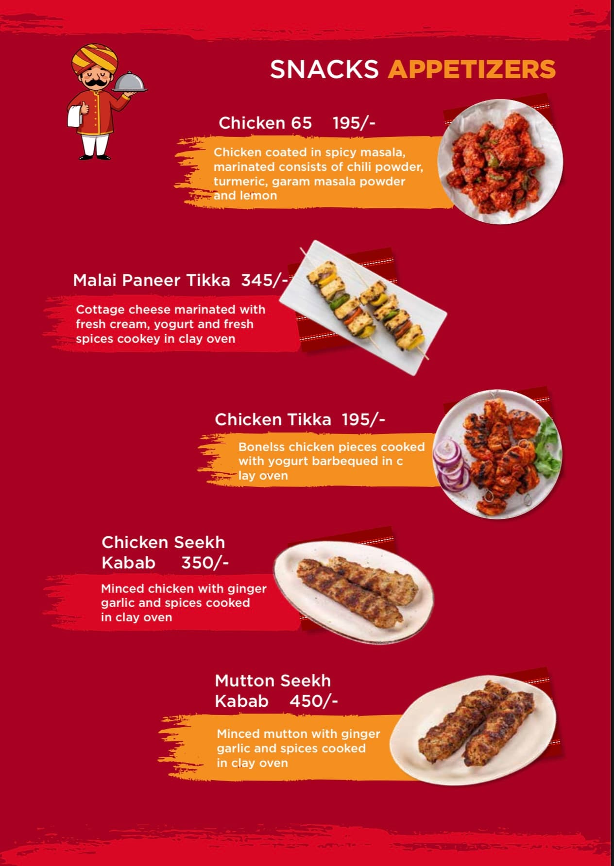 Menu page 8: Snacks and appetizers — tandoor specials