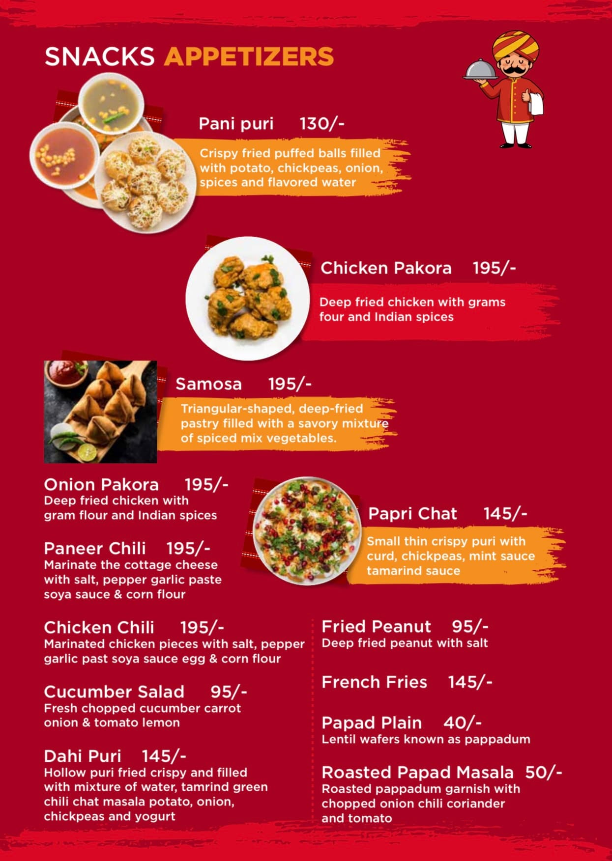 Menu page 9: Snacks and appetizers — chaat and fried snacks