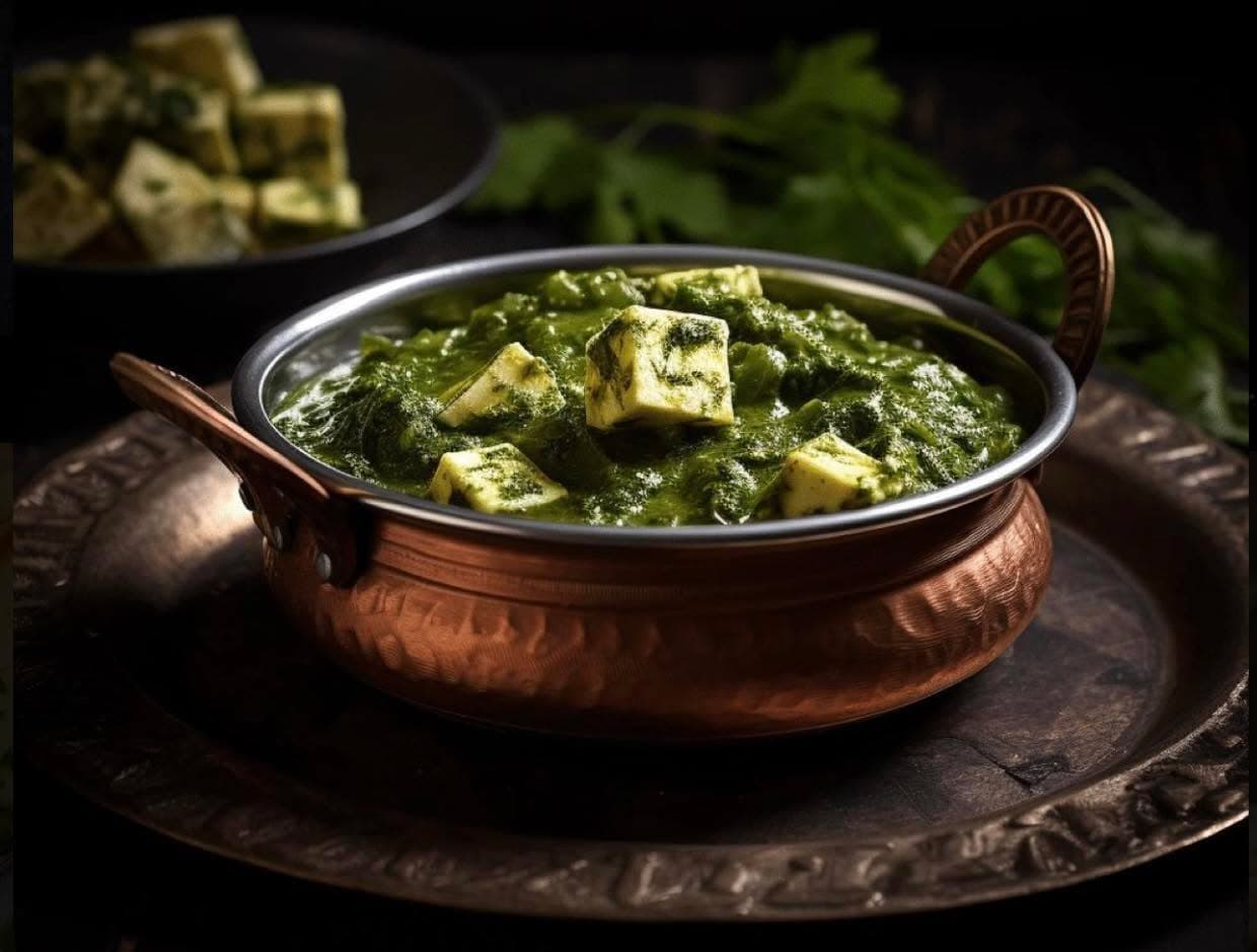 Palak Paneer — Spinach and cottage cheese cubes cooked with fresh hands and spices. Iron-rich, comforting, and naturally gluten-free.