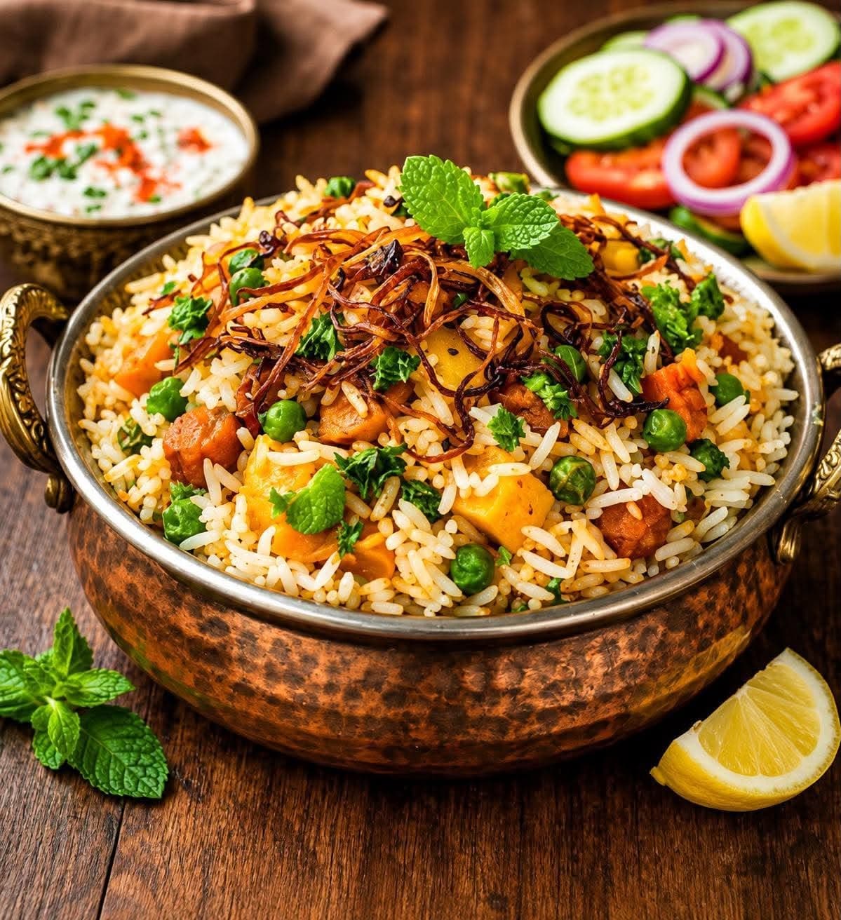 Vegetable Biryani — Premium white rice prepared with traditional spices and cooked with fresh vegetables.